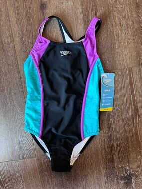 Speedo Girls Black Teal Purple Colorblock One-Piece Swimsuit